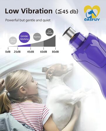 Електричний точилка для кігтів собак Casfuy - 6 режимів, 45 dB, з LED-підсвічуванням, для собак та котів великих, середніх та малих порід, фіолетовий