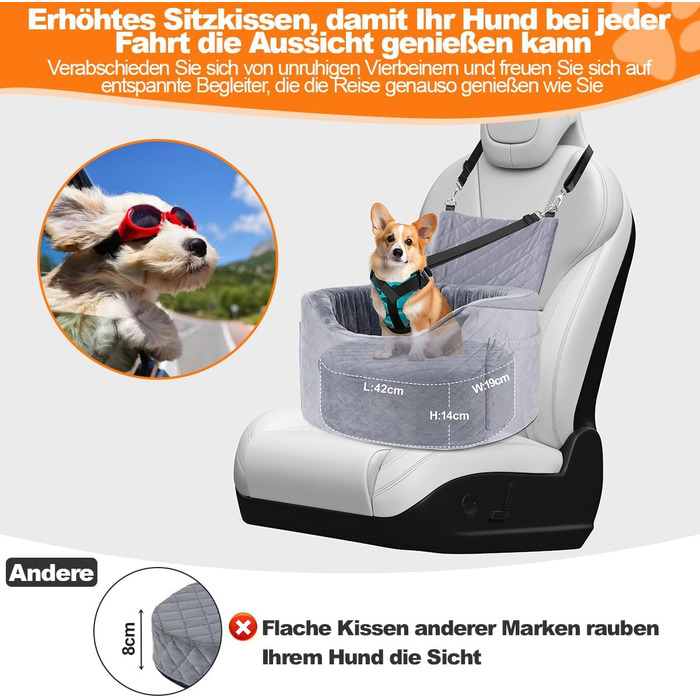 Автокрісло для собак - чорне автокрісло-бустер для маленьких собак з піною Memory Foam 28D, неслизька та вологостійка підкладка, переноска з кишенями для зберігання та ковдрою, сірий 02-Сірий