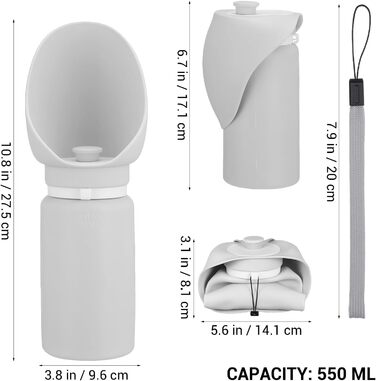Складана пляшка для води для собак Milisten: 550 мл, м'який силікон, не протікає, для подорожей, цуценят, прогулянок, хатніх тварин, пікніків, кемпінгу (світло-сірий)