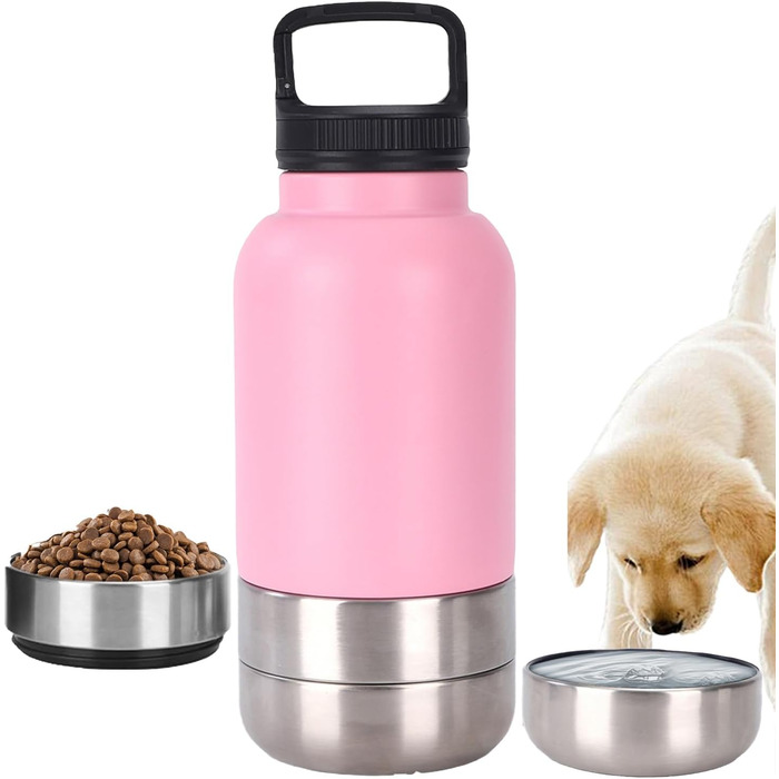Портативна пляшка для собак з мисками для їжі та води, 3-в-1, ізольована сталева пляшка для подорожей, походів, прогулянок (глибока), рожева