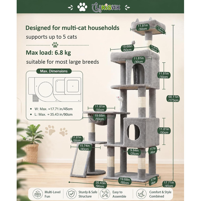 Комплекс для котів Kratzbaum XL 173 см, сірий: будиночок, платформа, дряпка, іграшки