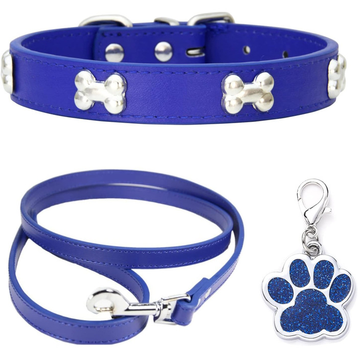 Нашийник для собак з натуральної шкіри, поводок Cobo Set, набір для малих та середніх собак та котів (L, блакитний)