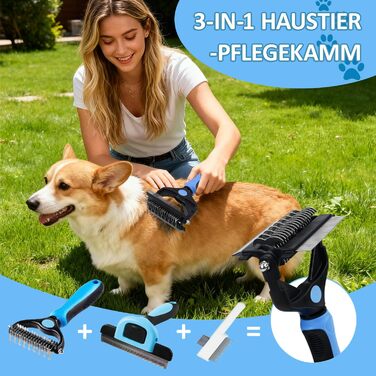 Набір гребінців для котів та собак 3 в 1, для видалення підшерстка, шерсті та розплутування, з масажною насадкою, підходить для довгошерстих та короткошерстих тварин