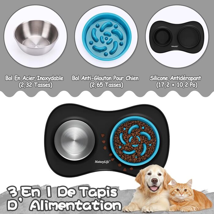 Набір мисок для собак MateeyLife 3-в-1: миска для їжі протиковзаюча, миска для води з нержавіючої сталі та силіконова підставка. Підходить для собак, котів та цуценят різних порід. Чорний колір.