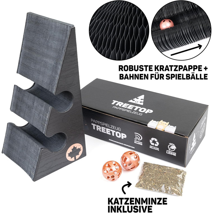 Котячий будиночок з картонної гофротари Treetop від CanadianCat - ігровий комплекс з кульками, чорний, 27,5 x 28 x 28 см