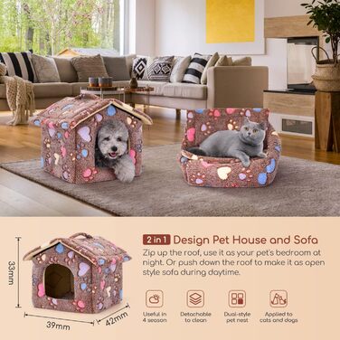 Будка для собак і котів Nobleza, зимостійка, 42x39x33 см, переносний лежак, знімний будиночок, коричнева, з матрацом