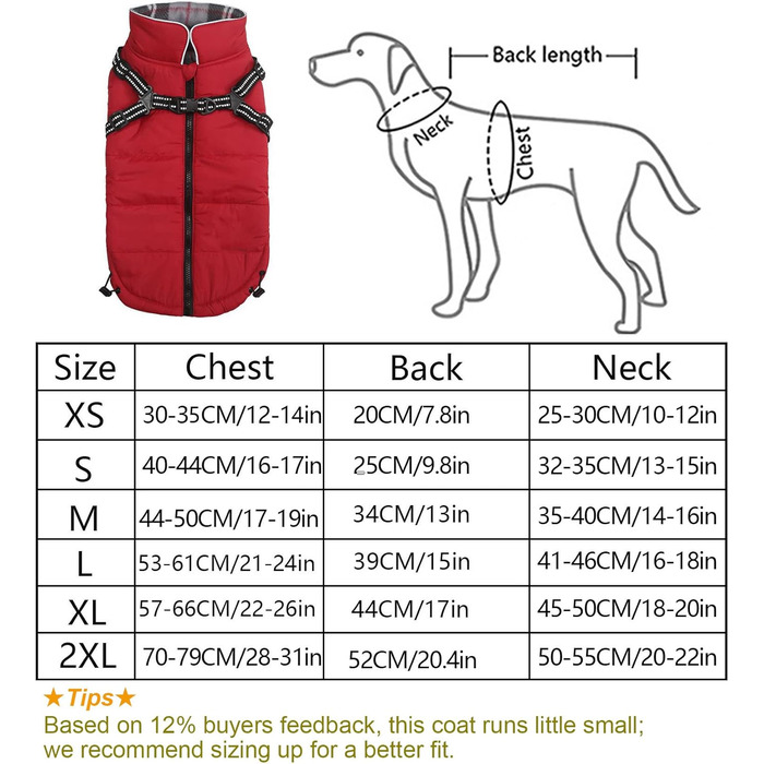 Зимові куртки для собак: водонепроникні, світловідбиваючі, з повним обхватом грудей. Підходять для малих та середніх собак. Червоний колір, розмір M.