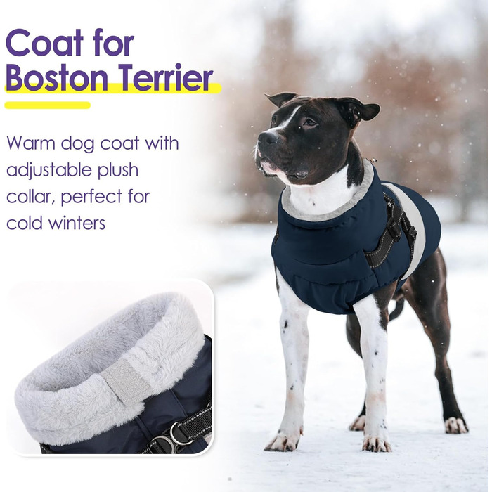 Тепла зимова куртка для собак SUNFURA з інтегрованим шлейкою, водонепроникний флісовий костюм для Французького бульдога (Small, Marineblau)