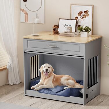 DAWNYIELD Клітка для собак, меблі, дерев'яна з відкидною дверцятами та шухлядою, стиль меблів, внутрішній вольєр для собак, стіл з поворотним миском на 360°, білий колір, біла розсувна дверцята (сіра розсувна дверцята)