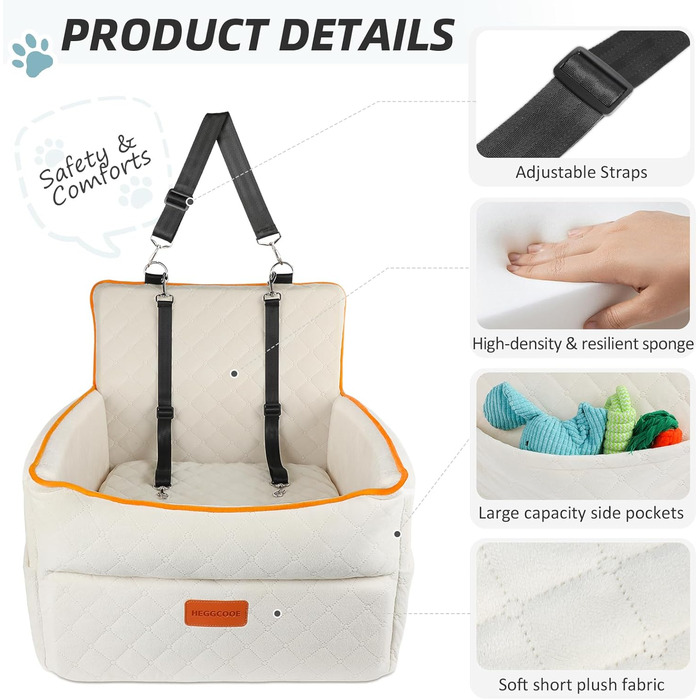 Автокрісло для собак - підходить для маленьких та середніх порід, з кишенями для зберігання, поводок, посилене автоліжко для собак, підходить на заднє та переднє сидіння (біле)