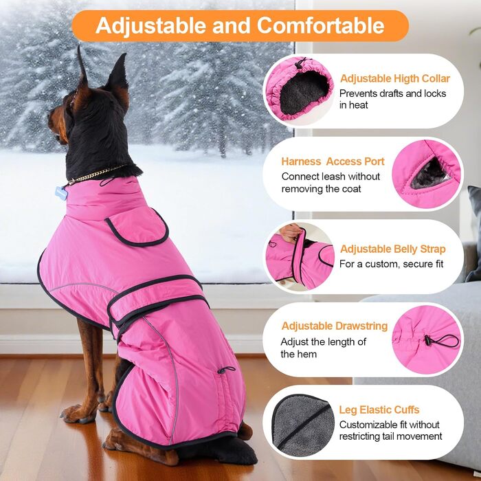 Водонепроникний зимовий одяг для собак Dotoner з повдком: теплий, вітронепроникний, з флісовою підкладкою, для великих собак (S, Рожевий)