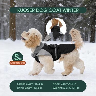 Водонепроникний та вітронепроникний зимовий одяг для собак середніх порід Kuoser, тепла куртка для собак з еластичним коміром, світловідбиваючий зимовий одяг для собак, чорна зимова куртка M