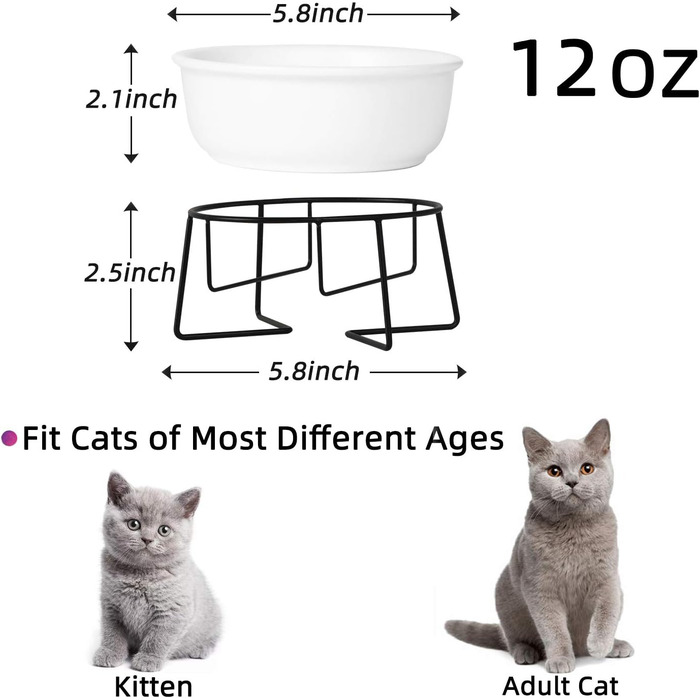 КерамІчна годівниця для котів з металевим підставкою, 340 мл, біла