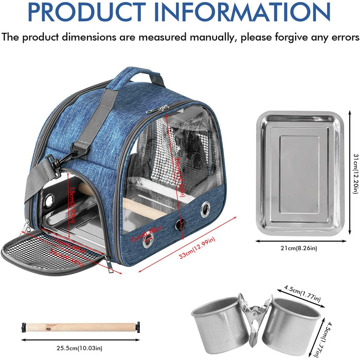 Транспортний бокс для птахів: рюкзак-переноска з підставкою та підносом з нержавіючої сталі, легкий та дихаючий, для подорожей з папугами та канарейками (33*17*26 см)