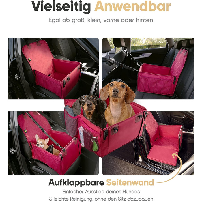 Автокрісло для собак HELDENWERK Extra Stabiler - надійне, водонепроникне, з 5 ременями, для заднього та переднього сидіння (Червоний, Стандартний розмір)