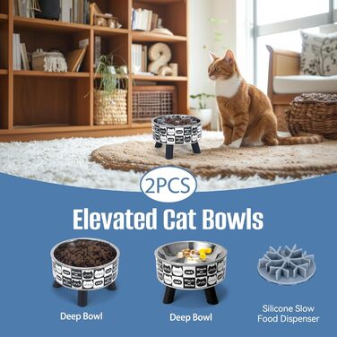 Набір мисок для котів з повільним годуванням (2 шт.), широкі, з нержавіючої сталі, пластикова підставка, силікон, повільний годівник, зручні для котів, годівниця для води та корму, станція годування для котів