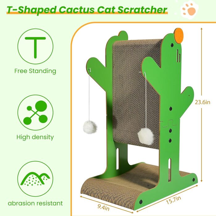 Кігтеточка YEMOO для котів, двостороння з картону, T-подібна, вертикальна, для захисту стін та диванів, з 3 сизалевих кульок та 2 плюшевих іграшок