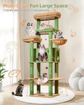 Когтеточка для котів Taoqimiao 180 см XXL, великий котячий комплекс для Maine Coon з будиночком, гамаком, великою платформою, 9 стійок для дряпання, кошиком, зелений