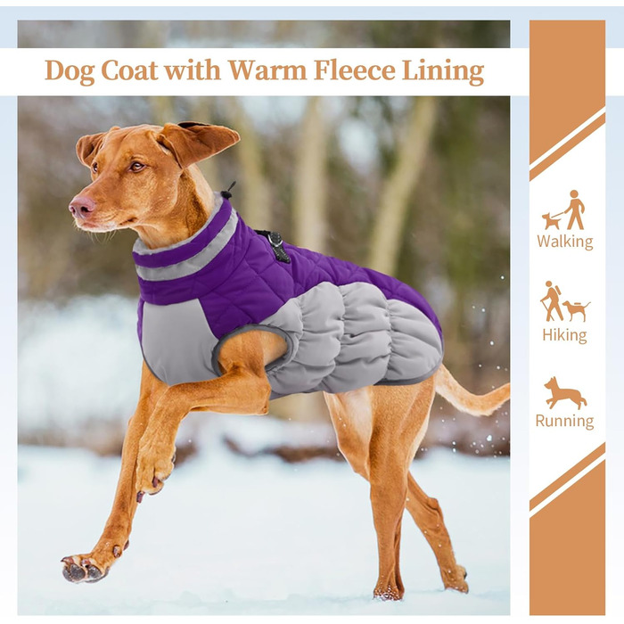 Зимова куртка для собак, тепла, водонепроникна, вітронепроникна, флісова, для прогулянок та походів, XL, фіолетовий