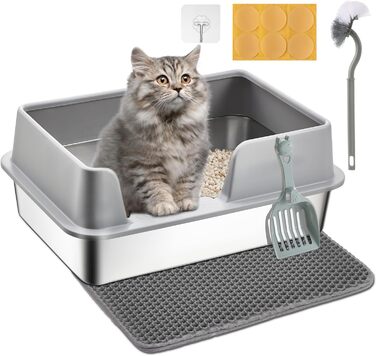 Котячий туалет з нержавіючої сталі Papettly, напівзакритий лоток для котів із високим знімним бортиком, килимок для наповнювача, легке очищення, 50x35x20 см
