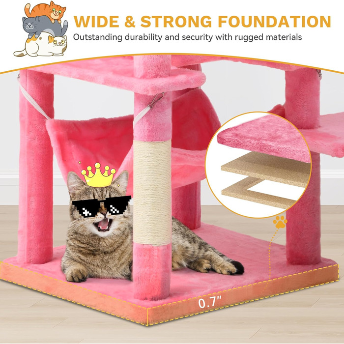 Кігтеточка YITAHOME для котів, велика, 190 см, з 8 стовпів з сизалю, 3 платформи, 2 печери, кошик, гамак, м'ячики, дошка для шліфування кігтів, рожева