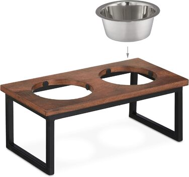 Підставка для мисок Relaxdays з нержавіючої сталі, об'єм 1000 мл, станція для корму для собак з мангового дерева, HBT 16,5 x 42 x 21 см, натуральний колір