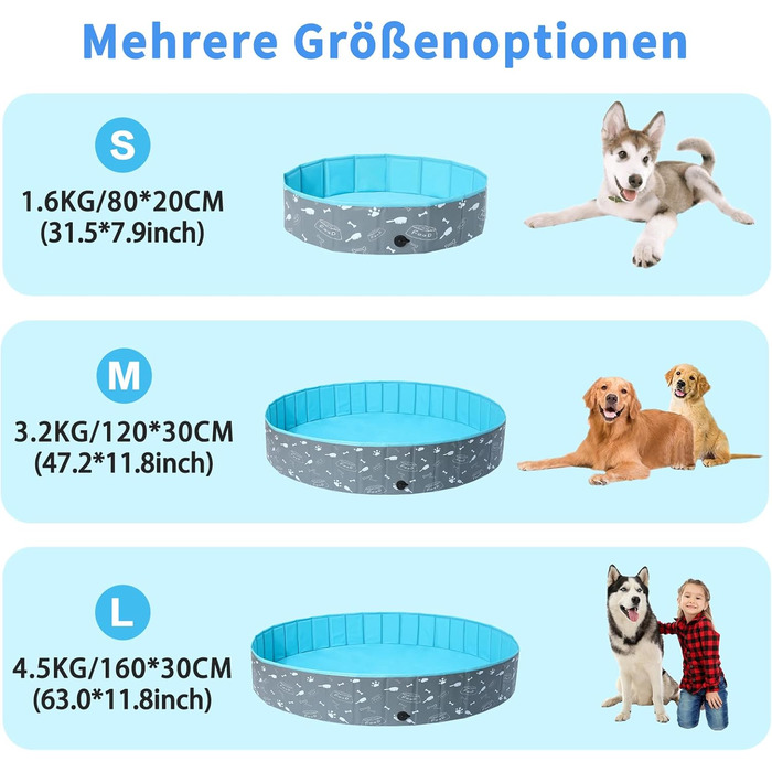 Надувний басейн для собак Demigreat, 80/120/160 см, складаний, з PVC, для великих та маленьких собак