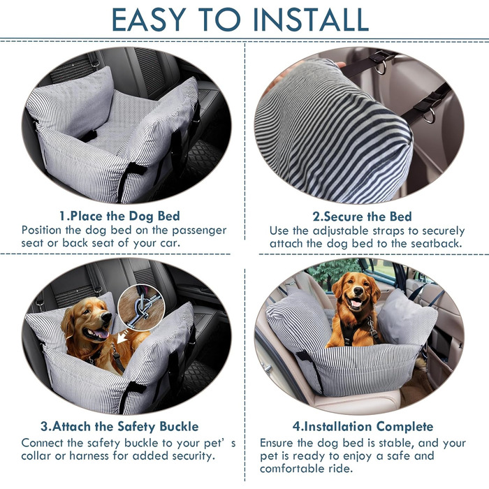 Автокрісло для собак - автокрісло-бустер для маленьких та середніх собак до 18 кг, з ременем безпеки та кишенями для зберігання, миється, антиковзаюча підставка (смугастий морський колір), 30x20.5 дюймів