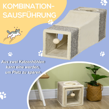 PawHut Котячий тунель з іграшкою Play Ball Cat, ігровий тунель Sisal, коричневий+бежевий, 98x30x30 см | Aosom