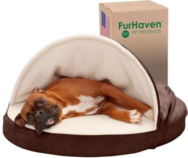 Кругле собаче ліжко Furhaven з memory foam, 89 см, для великих та середніх собак, знімний, пральний чохол, Sherpa & Suede Snuggery, Espresso