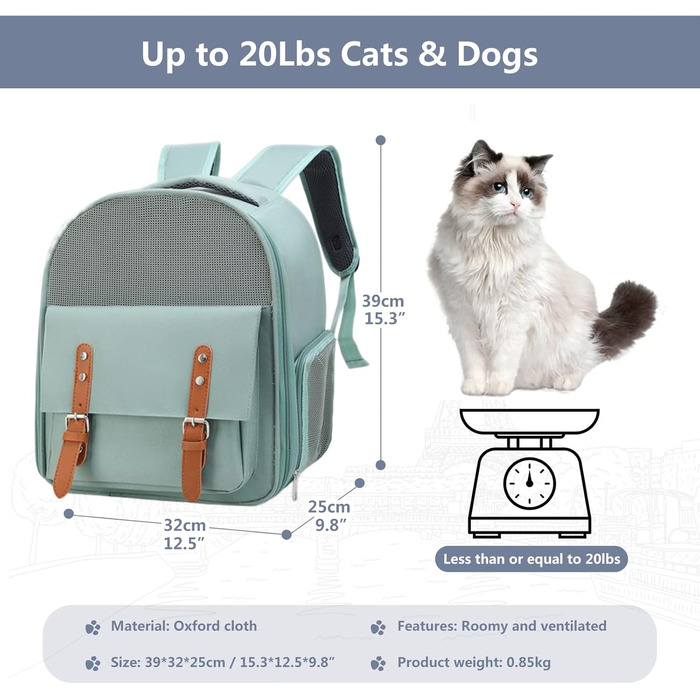 Рюкзак для собак і котів PETCUTE до 8 кг, з внутрішньою страхувальною лінією, дихаючий, з вікном, знімний килимок, для собак, котів, домашніх тварин (зелений)