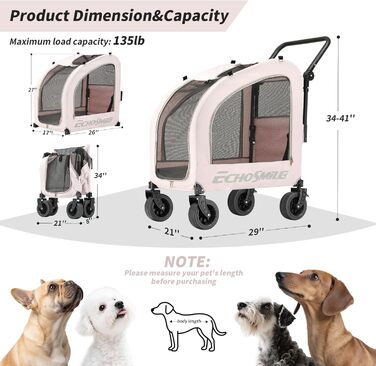 Візок для собак EchoSmile для маленьких та середніх собак до 20 кг, позашляховий, складний, з подвійним гальмом, ремені безпеки та сітчасті вікна (Рожевий)