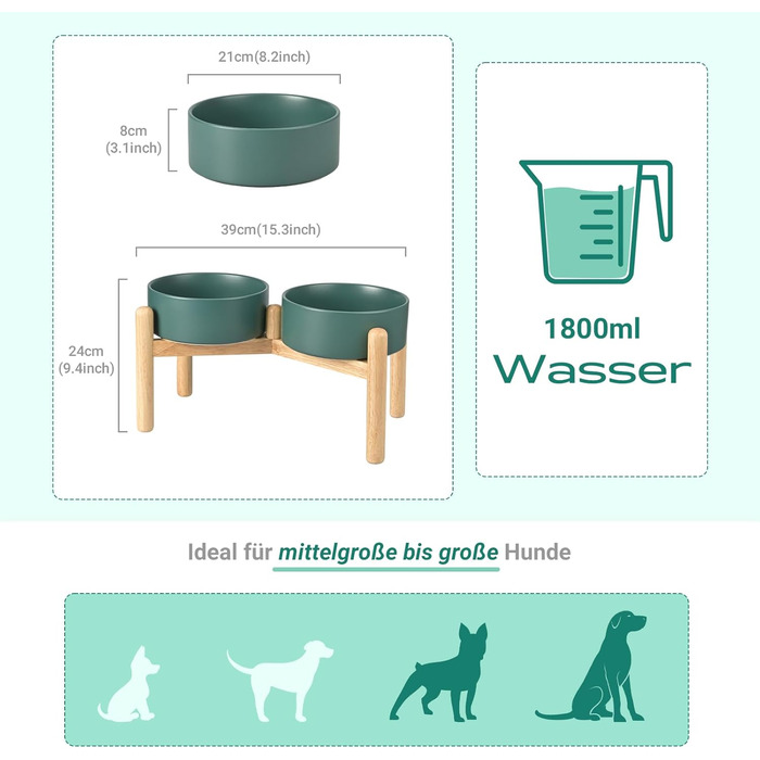 Миска для собак SpunkyJunky з кераміки, піднята годівниця для собак, миска для води з бамбуковим підставкою, 1800 мл, зелена