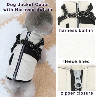 Зунеа Куртка для собак маленьких порід, тепла зимова куртка для цуценят з шлейкою, світловідбиваючі елементи, регульована застібка-блискавка, тепла флісова підкладка, сніговик, розмір XS/S, одяг для домашніх тварин, бежевий колір