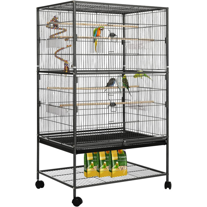 Клітка для птахів велика, металева, на 4 колесах, для хвилястих попугаїв з годівницею, іграшками, гойдалкою, 2 дверцятами, 4 дерев'яними перекладинами, 132 x 78 x 52 см