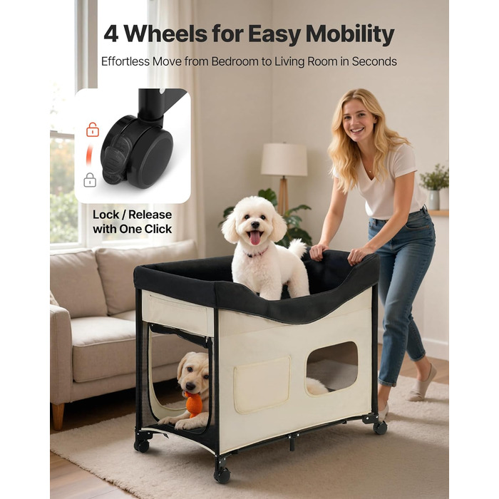 Підвищене ліжко для домашніх тварин VEVOR (XL), складне ліжко для собак з тканини 600D Oxford та голландського оксамиту, портативне дитяче ліжко з колесами та боковими кишенями, бежеве