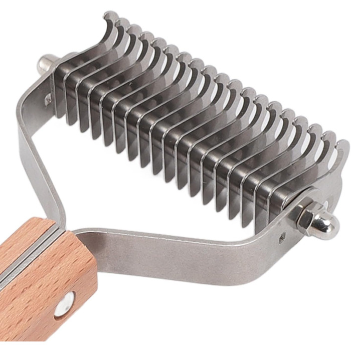 Гребінець для видалення підшерстка для тварин з нержавіючої сталі, двосторонній, з закругленими зубцями, зручна ручка з антиковзким дерев'яним покриттям, для всіх порід