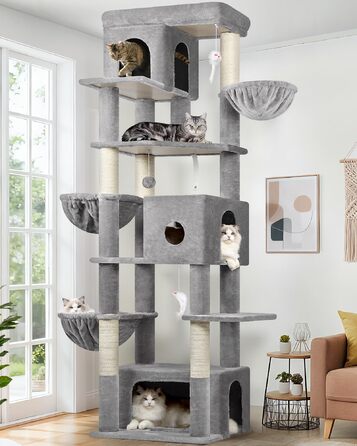 Драбина для котів Globlazer 204 см з 3 будиночками, 2 великими платформами, 3 м'якими кошиками, стабільна для 3-5 котів, для відпочинку, ігор та дряпання, сірий колір (XXL)