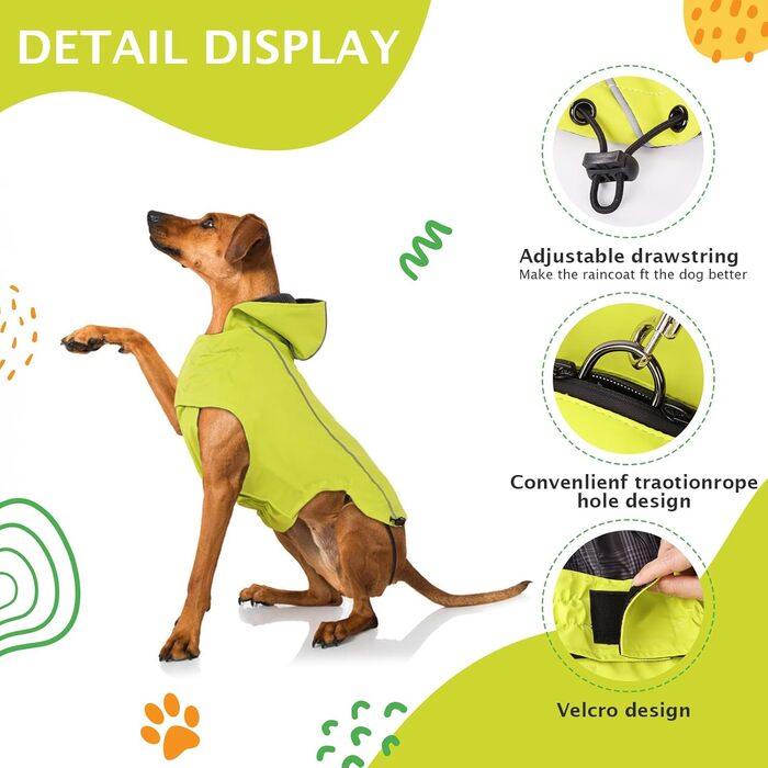 Водонепроникний дощовик для собак, світловідбиваючий, з капюшоном, регульований, для маленьких, середніх та великих собак, XZ015 (зелений, S)