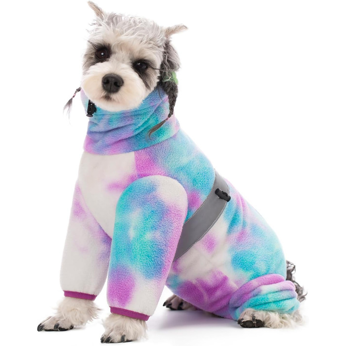 Теплий зимовий одяг для собак, регульований, флісовий комбінезон з кільцем D, для маленьких собак, колір Batik Blue, розмір S (XX-Large), колір краватки фіолетовий