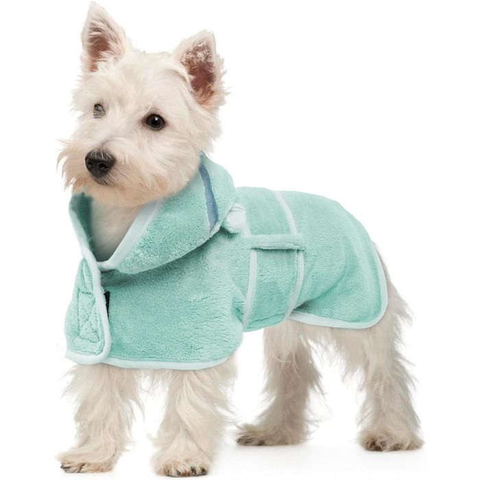 Рушник для собак OUOBOB - Мантія для сушіння після купання, мікрофібра, з капюшоном, регульований ремінь, XS (Зелений) - для Чихуахуа, Такса, Йоркширський тер'єр