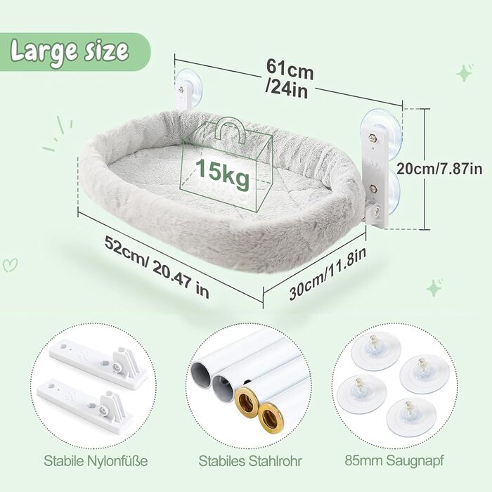 Кішка ліжко гамак для вікна, гамак для котів без мотузки, складане ліжко для котів на вікно з присосками, стабільний гамак для котів, вантажопідйомність 15 кг, сірий колір