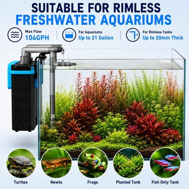 Фільтр для акваріума FZONE Aquarium-Rückfilter: 4-ступеневий зовнішній навісний фільтр для міні та нано акваріумів, 106 GPH, регульований потік з насадками (дощ, качка, прямий), розмір S