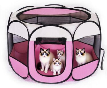 Клітка-забіг для цуценят 74x74x43 см – портативна клітка для собак та котів – клітка для кроликів та інших дрібних тварин – безпечний забіг для дому та вулиці (Бежевий + Рожевий)