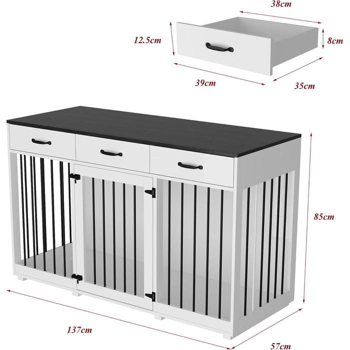 Клітка для собак з 3 ящиками, 137x57x85 см, клітка-будка для собак середніх порід, переноска для собак, білий та чорний колір, для дому