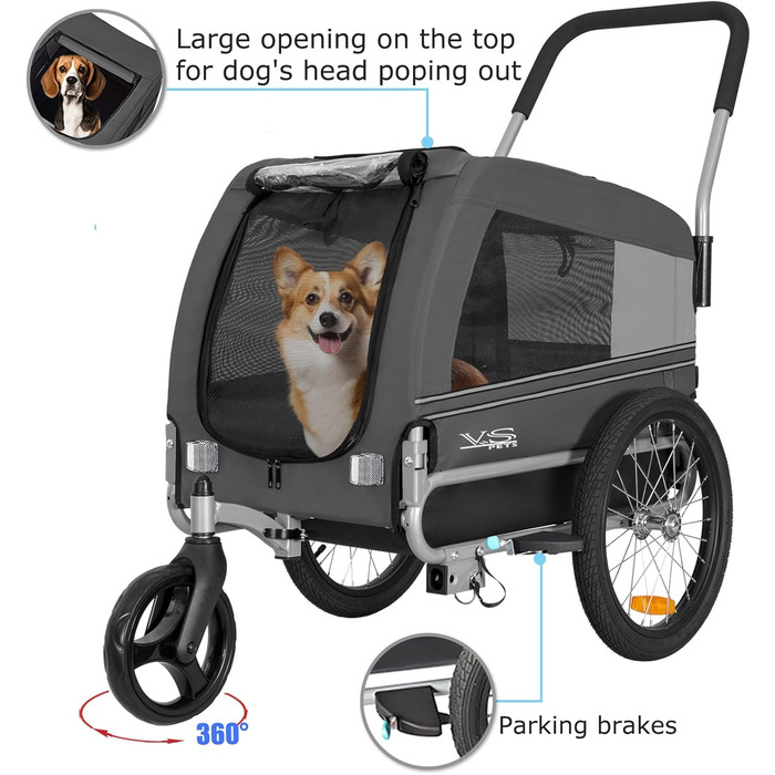 Універсальний візок-перевозник для собак Tiggo VS Pets Medium - 2в1 (велосипедний/біговий, сірий)