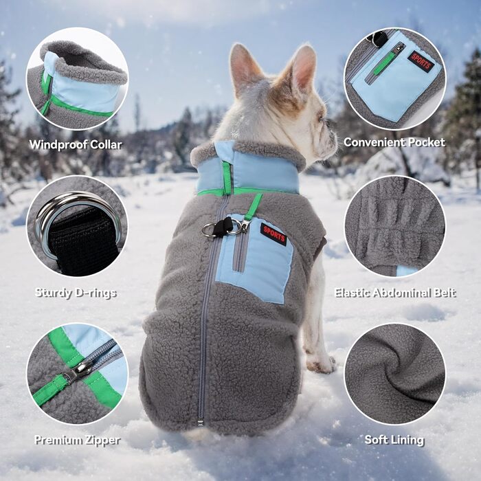 Зимова куртка для собак FeiaX Ware з флісу, тепла жилетка для собак з кільцем D, одяг для собак, варіація для маленьких та середніх собак (Сірий, L)