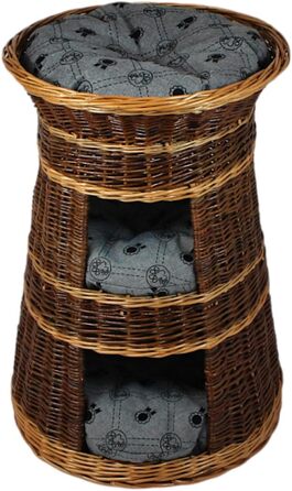 Корзина для котів для сну – котяча хатинка для дому – розмір 43 x 49 x 70 см, кругла – котяча печера з лози, трирівневе ліжко для собак або котів з пральним подушками в бежевому кольорі – лакована корзина (подушка світло-сіра)