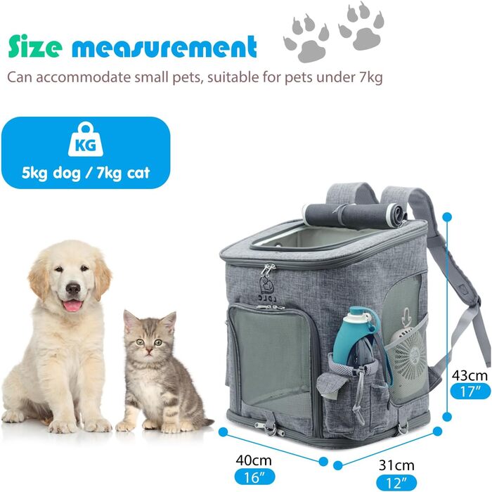 Рюкзак для собак і котів PETCUTE: складаний, з підкладкою, дихаючий, з регульованими ременями, сірий