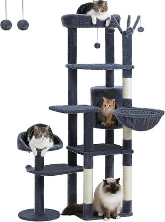 Котячий будиночок Petpela 150 см: багатоярусний котячий комплекс з гамаком, когтеточкою та стійками, сірий